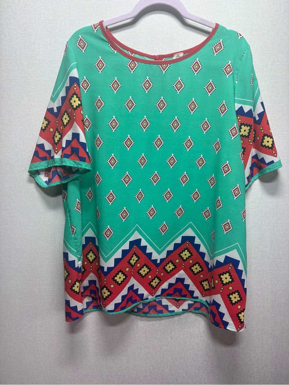 Moa Moa Mint Green Geometric Short Sleeve Blouse with Red & Navy Accents